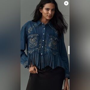 NWOT Pilcro Embroidered Fringe Denim Button Down Shirt/Jacket